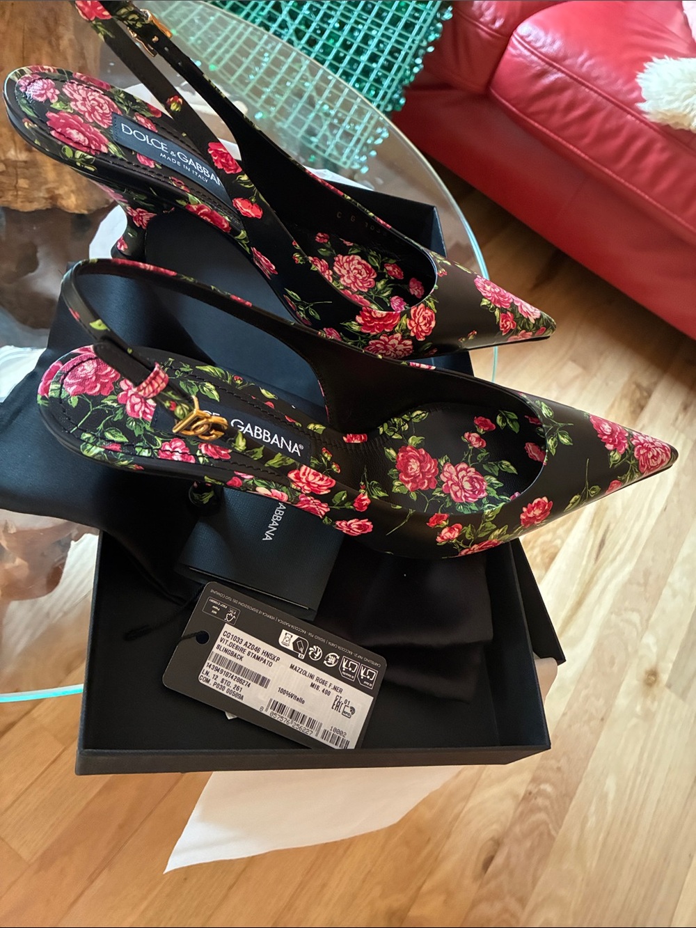 New with box Dolce & Gabbana Black Floral Pointed Slingback Pumps Pink Roses
